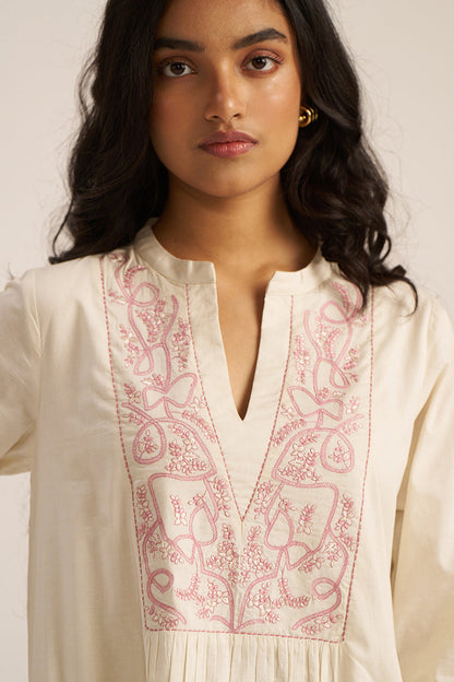 Women's Ivory and Pink Embroidered Cotton Co-ord Set