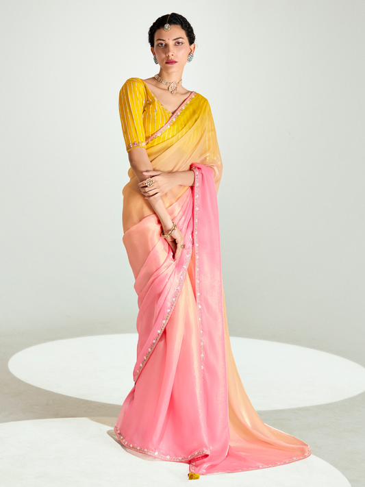 Dhiyona KM Women Yellow & Red Shade Organza Saree