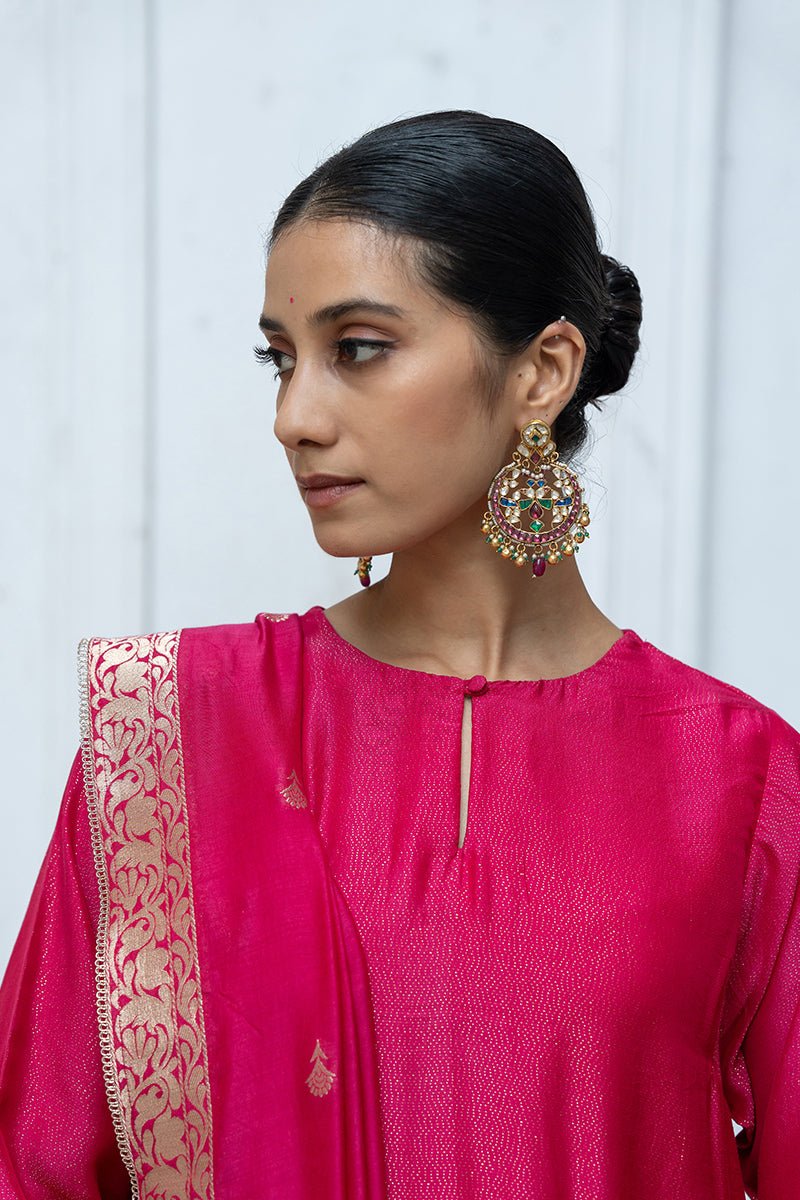 Women's Bright Rose Pink Zari Woven Bemberg Silk Salwar Suit With Zari Woven Monga Silk Jacquard Dupatta