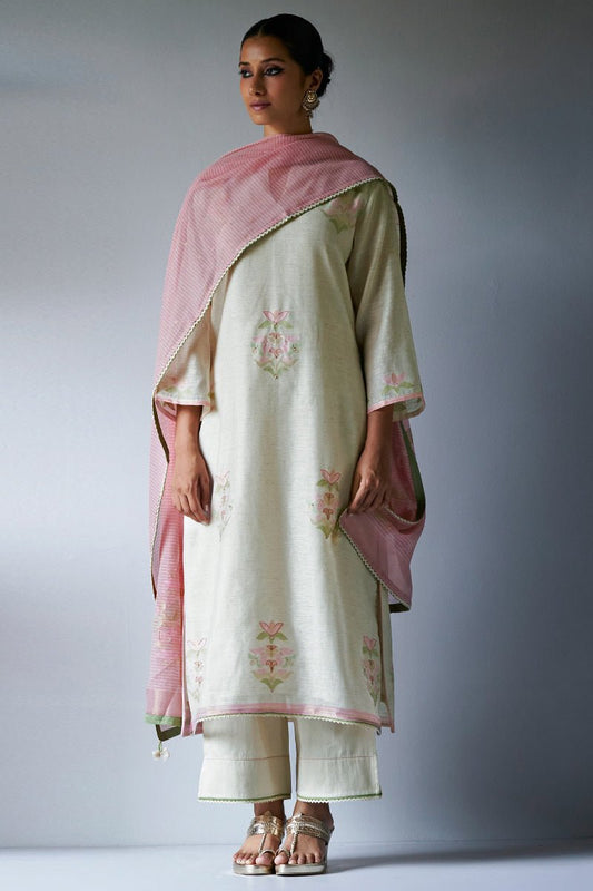Women's Birch Cream Cotton Linen Woven Kurta Suit Set With Hand Work Detailing