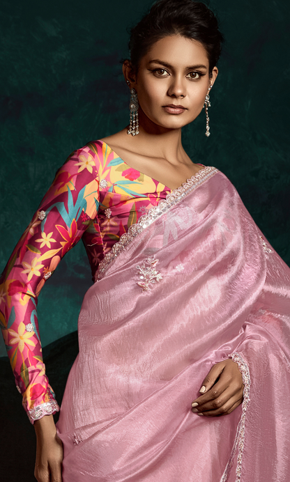 Dhiyona KM Women Pink Designer Organza Saree  “ A Blush Of Elegance