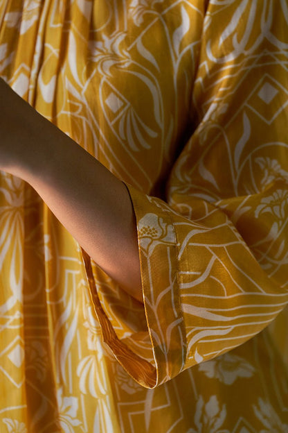 Women's Mustard Yellow and Beige Bemberg Silk Printed Co-ord Set