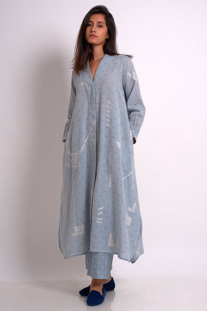 Women's Powder Blue Woven Kurta With Printed Cotton Bottom