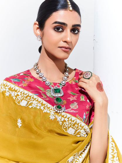 Dhiyona KM Women Yellow Saree With Floral-Print Blouse “ Radiant Elegance