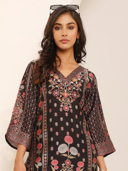 Dhiyona VA Women'sFloral Printed V-Neck A-Line Chanderi Silk Straight Kurta with Trousers