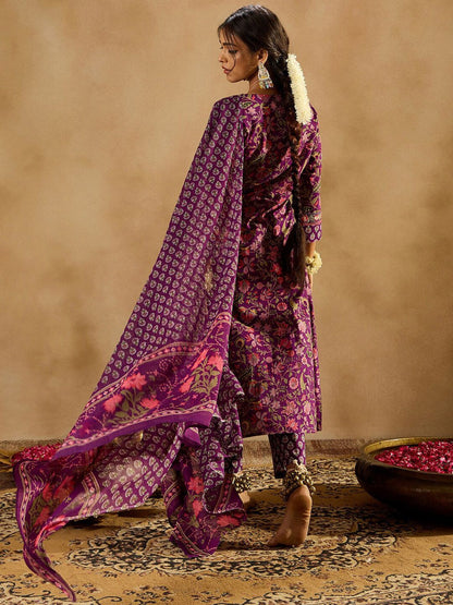 Dhiyona IE Purple Floral Printed Angrakha V-Neck Thread Work Pure Cotton A-Line Kurta Set