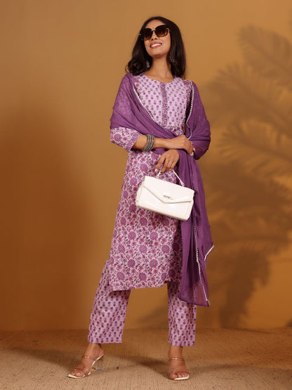 Dhiyona VA Women'sFloral Printed Pure Cotton Screen Print Straight Kurta With Trousers & Dupatta
