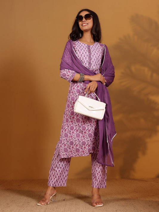Dhiyona VA Women'sFloral Printed Pure Cotton Screen Print Straight Kurta With Trousers & Dupatta