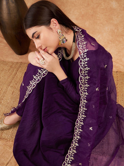 Dhiyona SN Women's Purple V- Neck Empire A-Line Kurta & Trousers With Dupatta