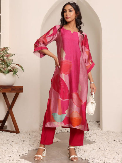 Dhiyona VA Women'sAbstract Printed Notch Neck Chanderi Silk Straight Kurta With Trousers