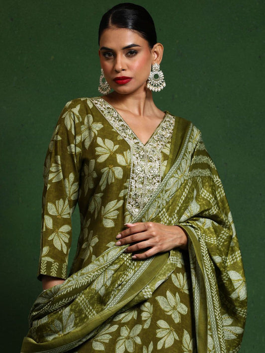 Dhiyona VA Women'sFloral Printed V-Neck Straight Kurta With Trousers And Dupatta