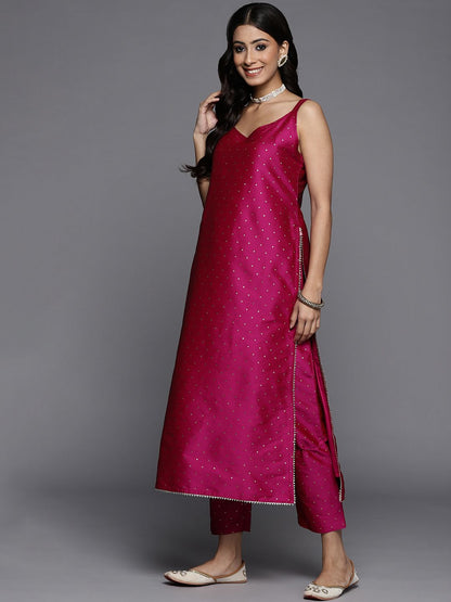 Dhiyona VA Women's Magenta Foil Printed Sleevless Kurta and Trouser with Dupatta