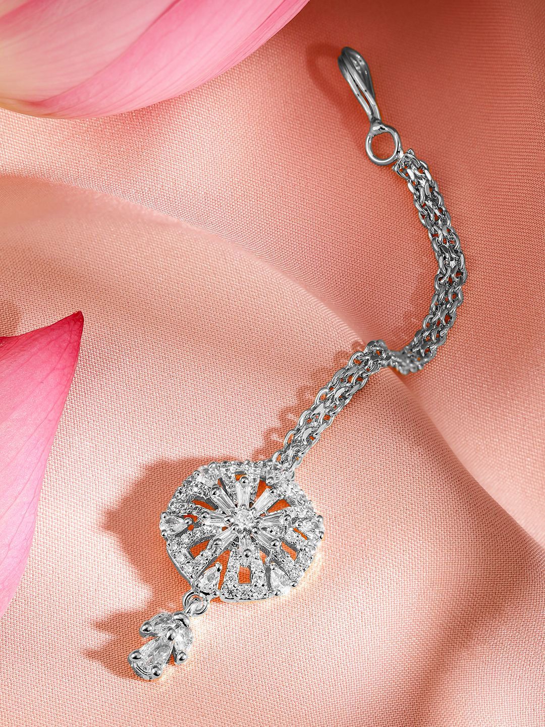 Dhiyona RJ Women's Rhodium-Plated Cubic Zirconia Studded Maang Tikka Head Jewellery