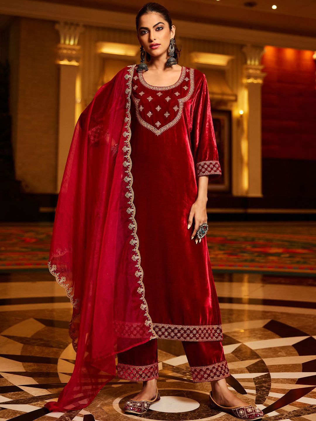 Dhiyona IE Women Ethnic Motifs Embroidered Regular Velvet Kurta with Trousers & With Dupatta