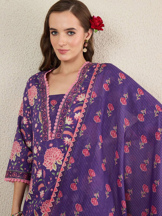 Dhiyona IE Women Floral Printed Cotton Kurta with Trousers & Dupatta