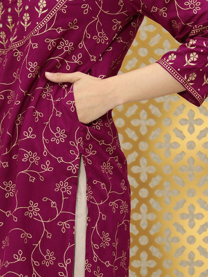 Dhiyona OD  Women Magenta Pink Floral Embellished Mirror Work Kurta