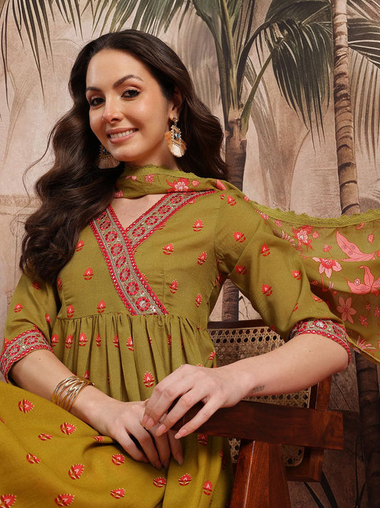 Dhiyona SN Women's Floral Print Thread Work Detail Empire Style A-Line Kurta with Trousers & Dupatta