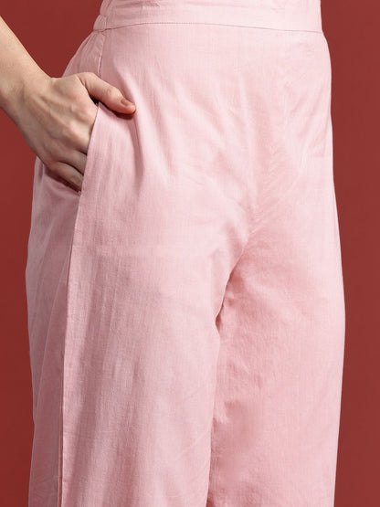 Floral Embroidered Thread Work Linen Kurta with Trousers & With Dupatta