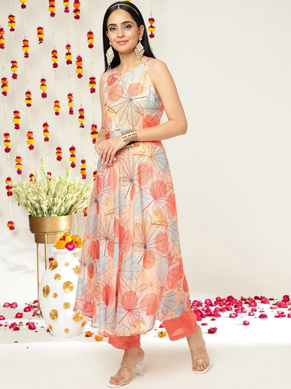 Dhiyona VA Women'sFloral Printed Halter Neck Anarkali Kurta & Trousers With Dupatta