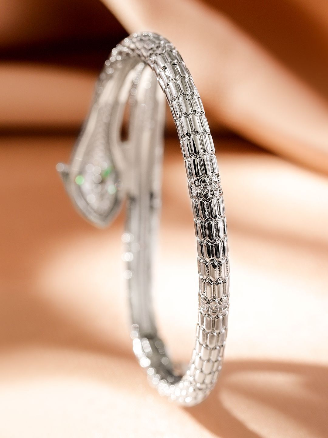 Dhiyona RJ Women's Rhodium-Plated Cubic Zirconia Snake-Inspired Openable Bracelet with Emerald Accents