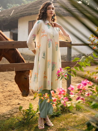 Dhiyona IE Floral Printed Shirt Collar Pure Cotton A-Line Kurta With Trouser