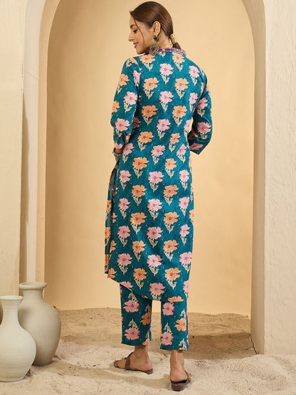 Women Floral Printed Pleated Mirror Work Pure Cotton Kurta & Trousers