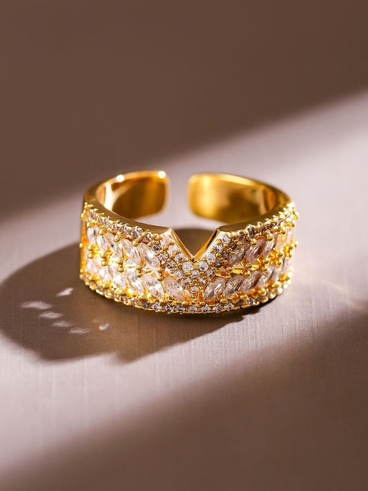 Dhiyona RJ Women's 18K Gold Plated Cubic Zirconia Studded V Cut Crown Design Adjustable Ring