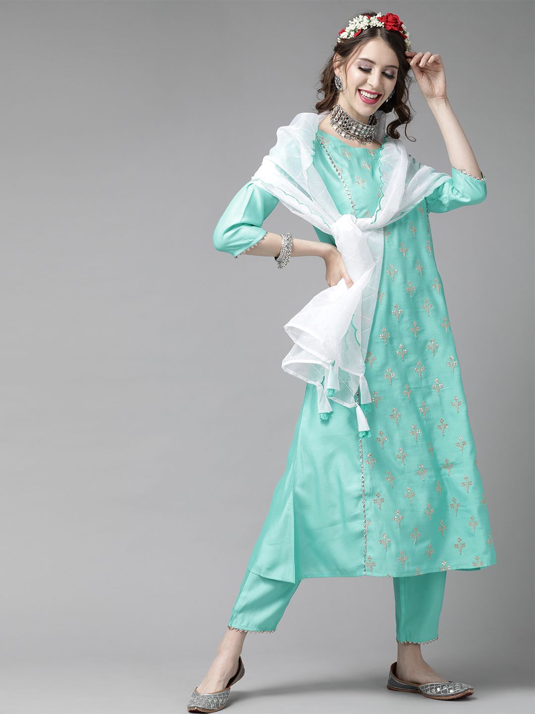 Women Sea Green & Golden Embroidered Kurta with Trousers & Dupatta