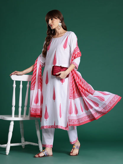 Floral Printed Sequinned Pure Cotton Kurta with Trousers & With Dupatta