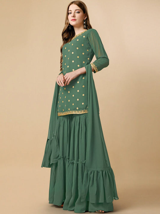 Dhiyona IN Green Sequinned Georgette Kurta & Sharara With Dupatta