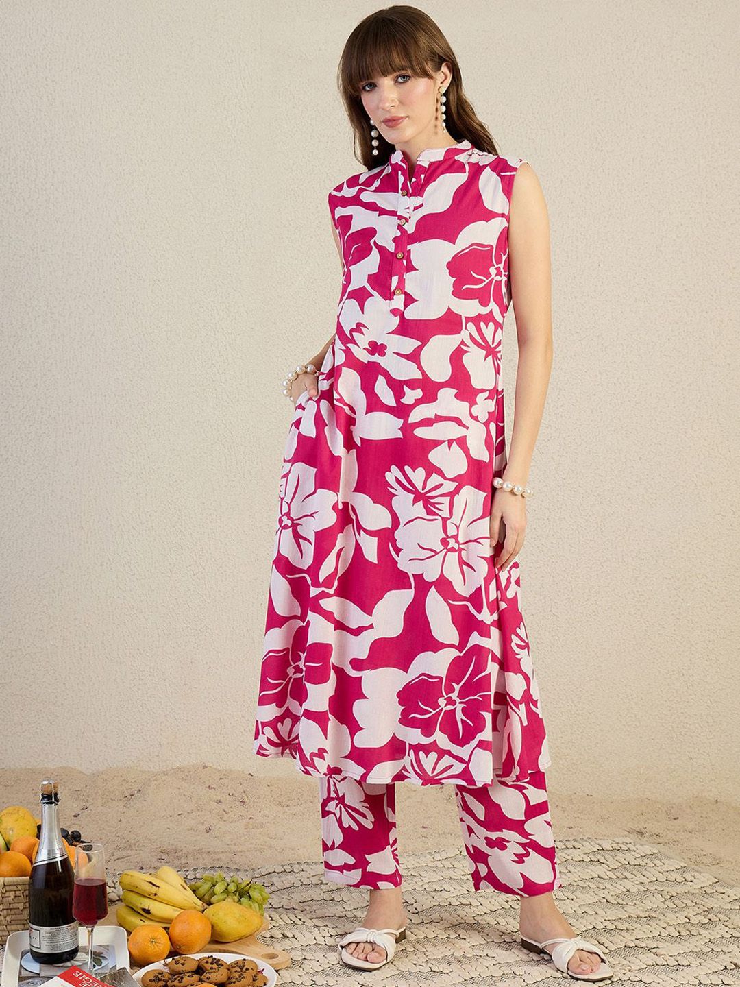 Floral Printed Mandarin Collar Pure Cotton A-Line Kurta With Trouser