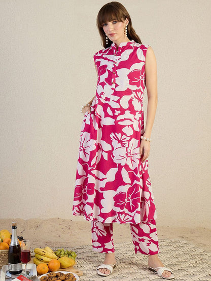 Floral Printed Mandarin Collar Pure Cotton A-Line Kurta With Trouser