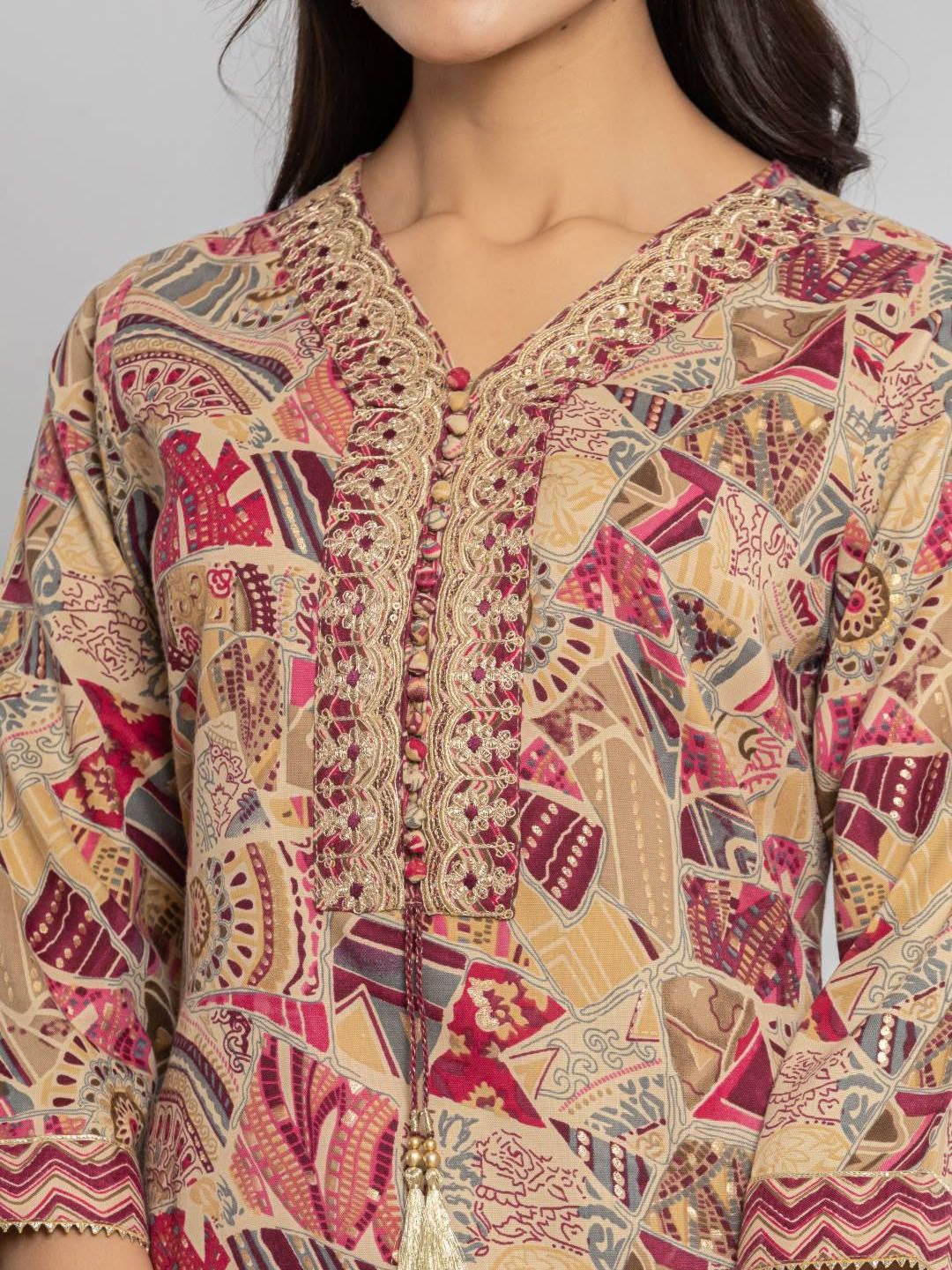 Dhiyona VA Women's Abstract Printed Neck Embroidered Regular Kurta with Trouser & Dupatta