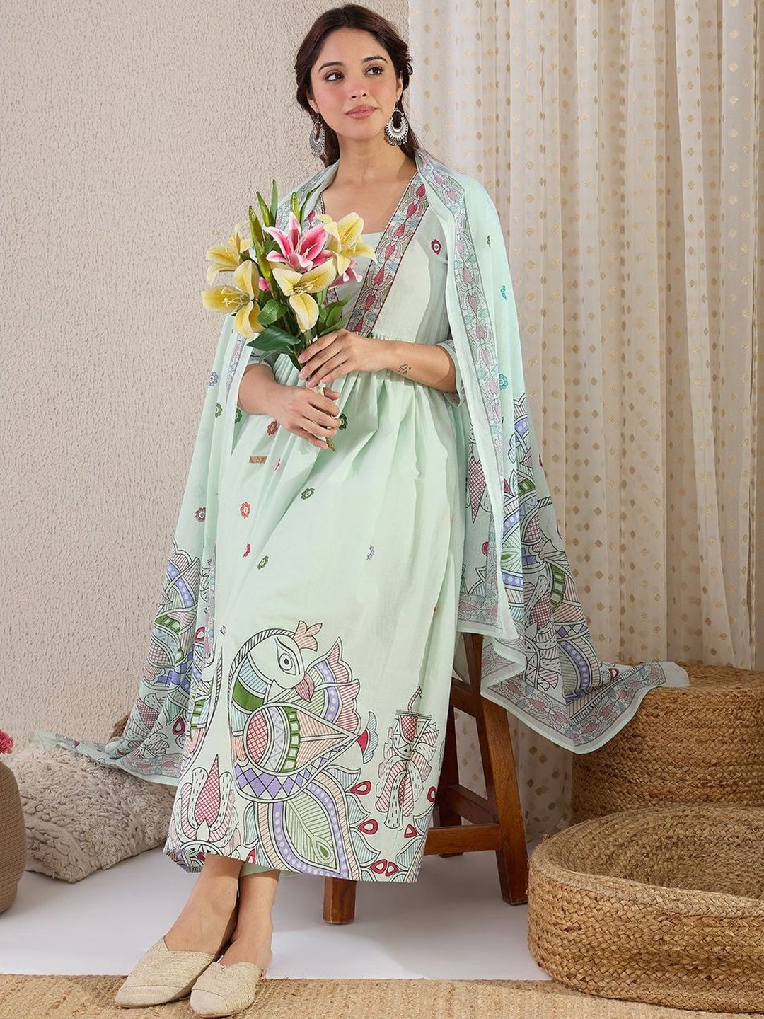 Women Ethnic Motifs Embroidered Panelled Thread Work Pure Cotton Kurta with Trousers & With Dupatta
