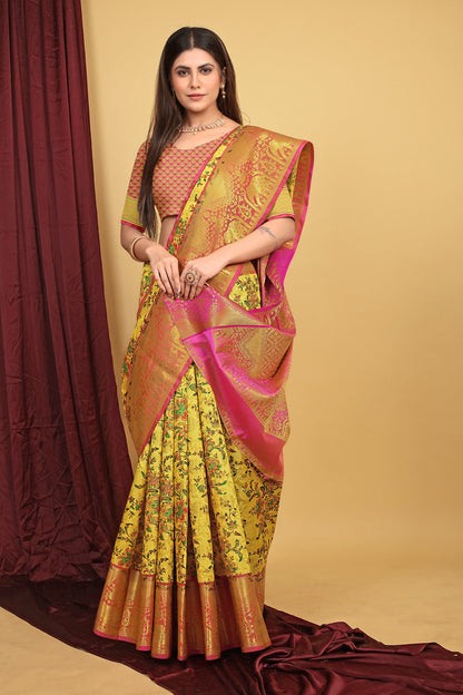 Dhiyona GR Women's Yellow Kalamkari Silk Saree