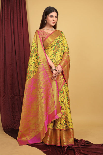 Dhiyona GR Women's Yellow Kalamkari Silk Saree