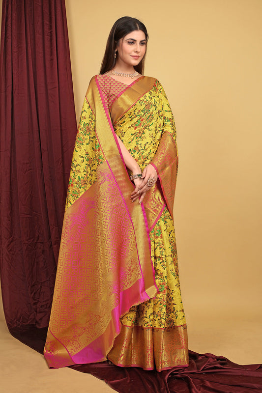 Dhiyona GR Women's Yellow Kalamkari Silk Saree