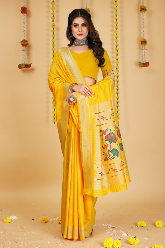 Dhiyona GR Women's Mastani Haldi Yellow Zari Paithani Silk Saree