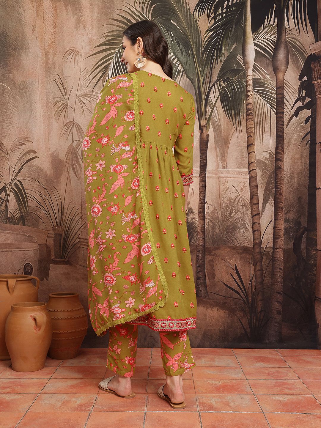 Dhiyona SN Women's Floral Print Thread Work Detail Empire Style A-Line Kurta with Trousers & Dupatta