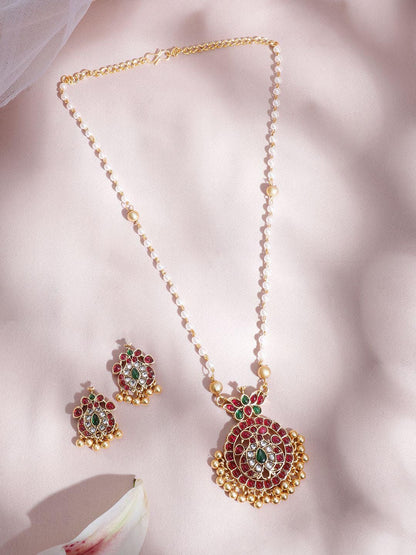Dhiyona RJ Women's 22K Gold-Plated Ruby & Emerald Kundan Studded and White Pearls Beaded Jewelery Set