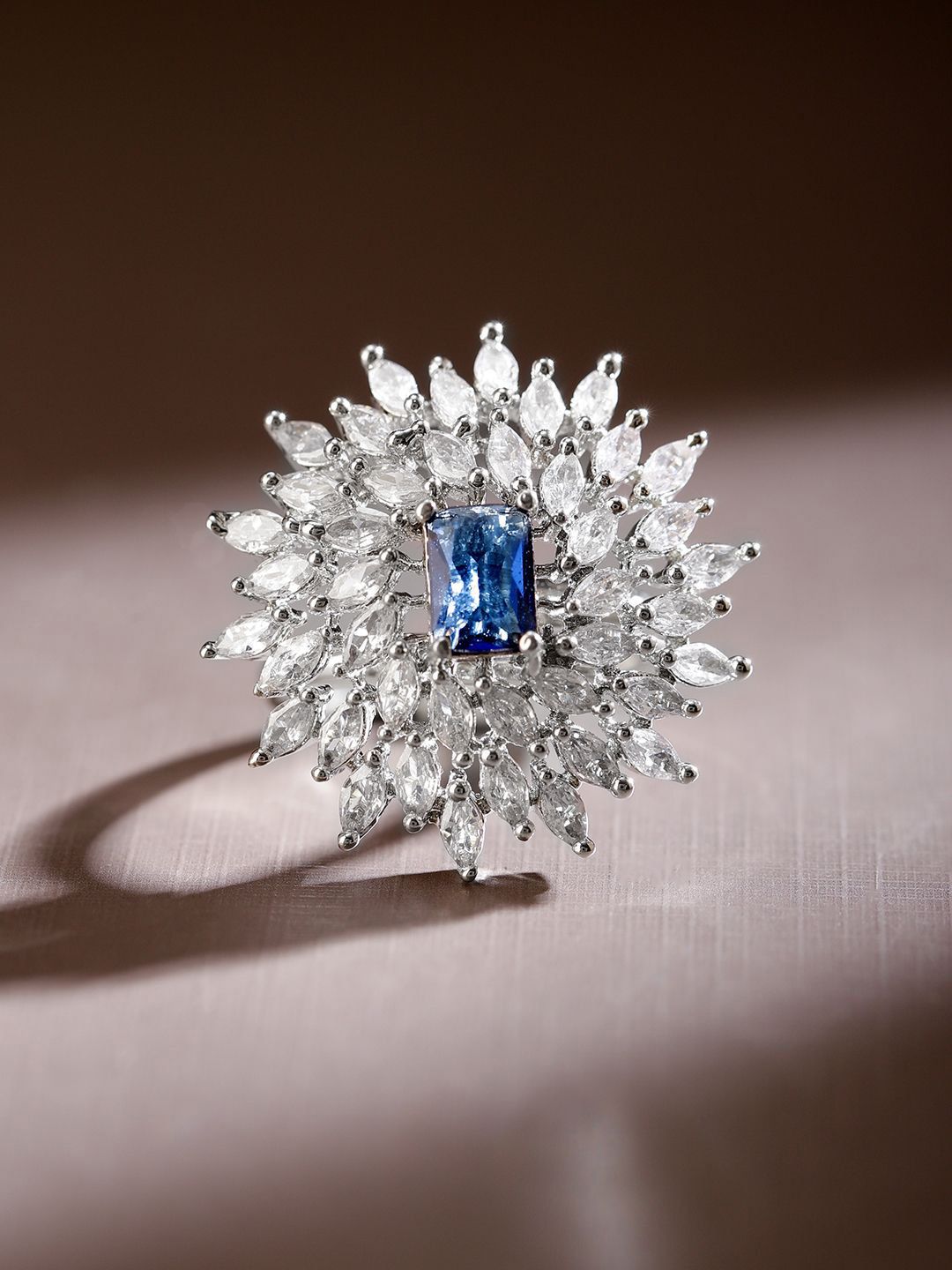 Dhiyona RJ Women's Rhodium-Plated Blue Sapphire & White CubicZirconia Studded Adjustable Cocktail Ring