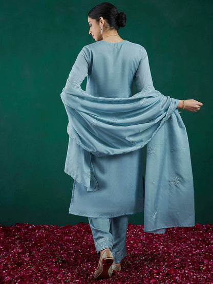 Ethnic Motifs Embroidered Regular Thread Work Kurta With Trousers & Dupatta