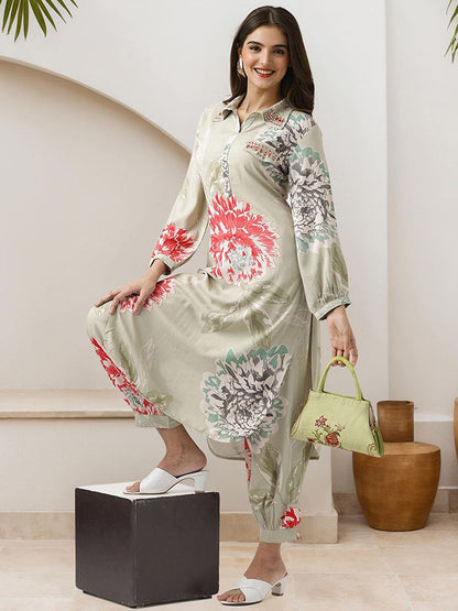 Dhiyona IS Women's Floral Printed Shirt Collar Straight Kurta With Trouser
