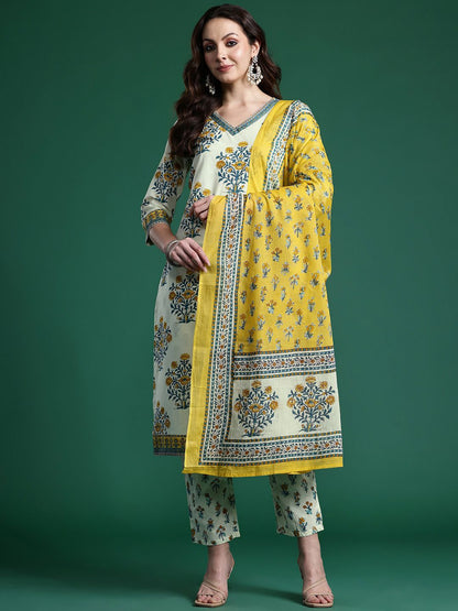 Dhiyona IE Floral Printed Regular Pure Cotton Kurta with Trousers & Dupatta