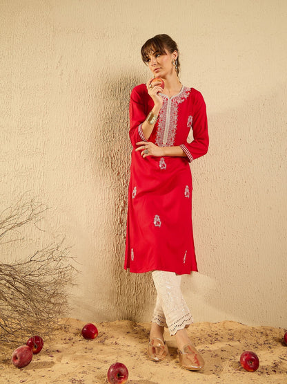 Dhiyona IE Floral Embroidered Sweetheart Neck Machine Weave Straight Kurta