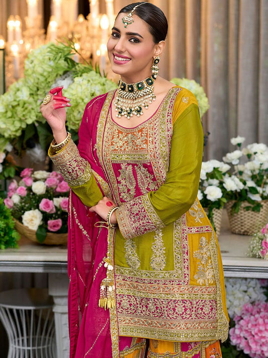 Dhiyona IE Floral Embroidered Sequinned Chinon Straight Kurta With Palazzos & Dupatta