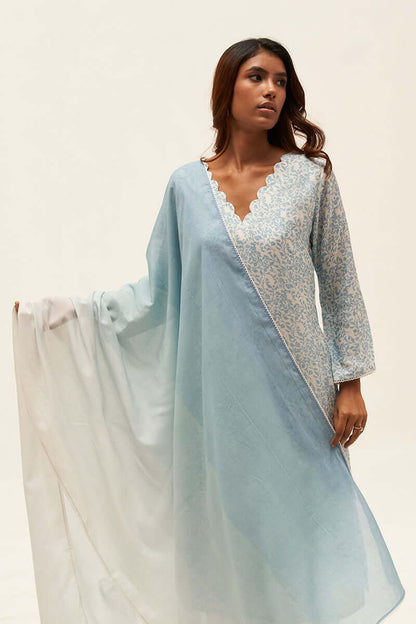 Women's Light Blue and White Bemberg Silk Printed Salwar Suit