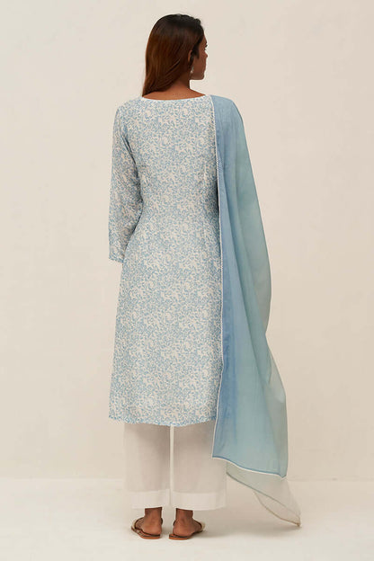 Women's Light Blue and White Bemberg Silk Printed Salwar Suit