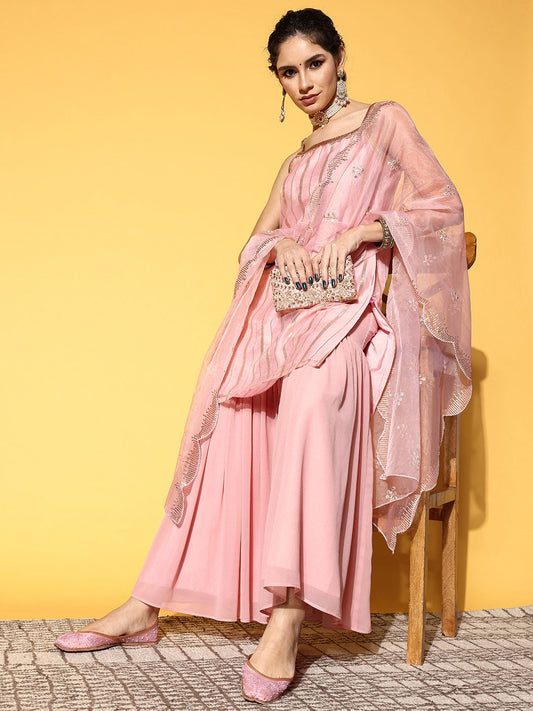 Dhiyona VA Women's Peach-Coloured Striped Kurta with Sharara & Dupatta