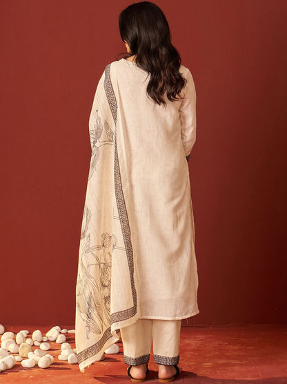 Dhiyona IE Floral Printed Linen Kurta With Trousers & Dupatta